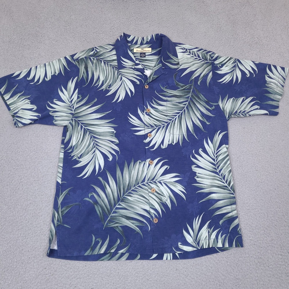 Tommy Bahama Shirt Mens Medium Blue Silk Palm Leaf Print Short‎ Sleeve Button Up